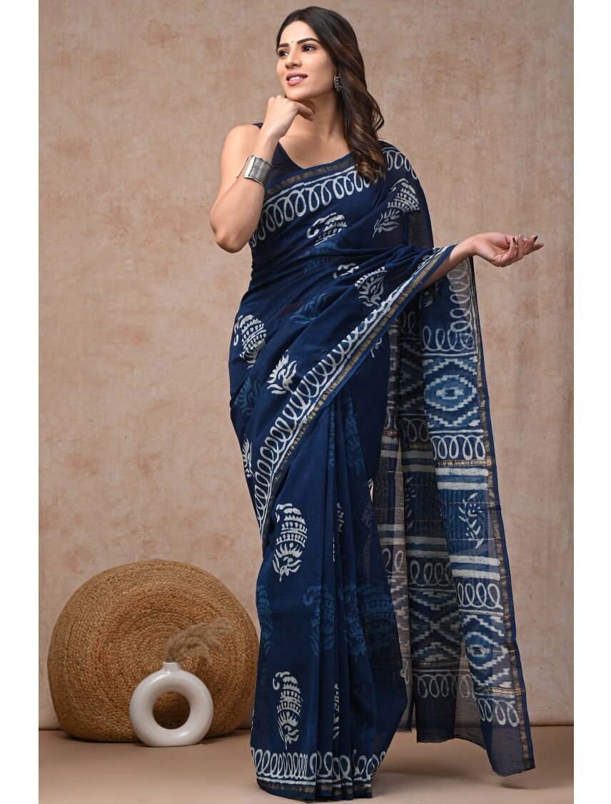 PJJN24A026 Blue White Pure HandBlock Printed Chanderi Silk Saree