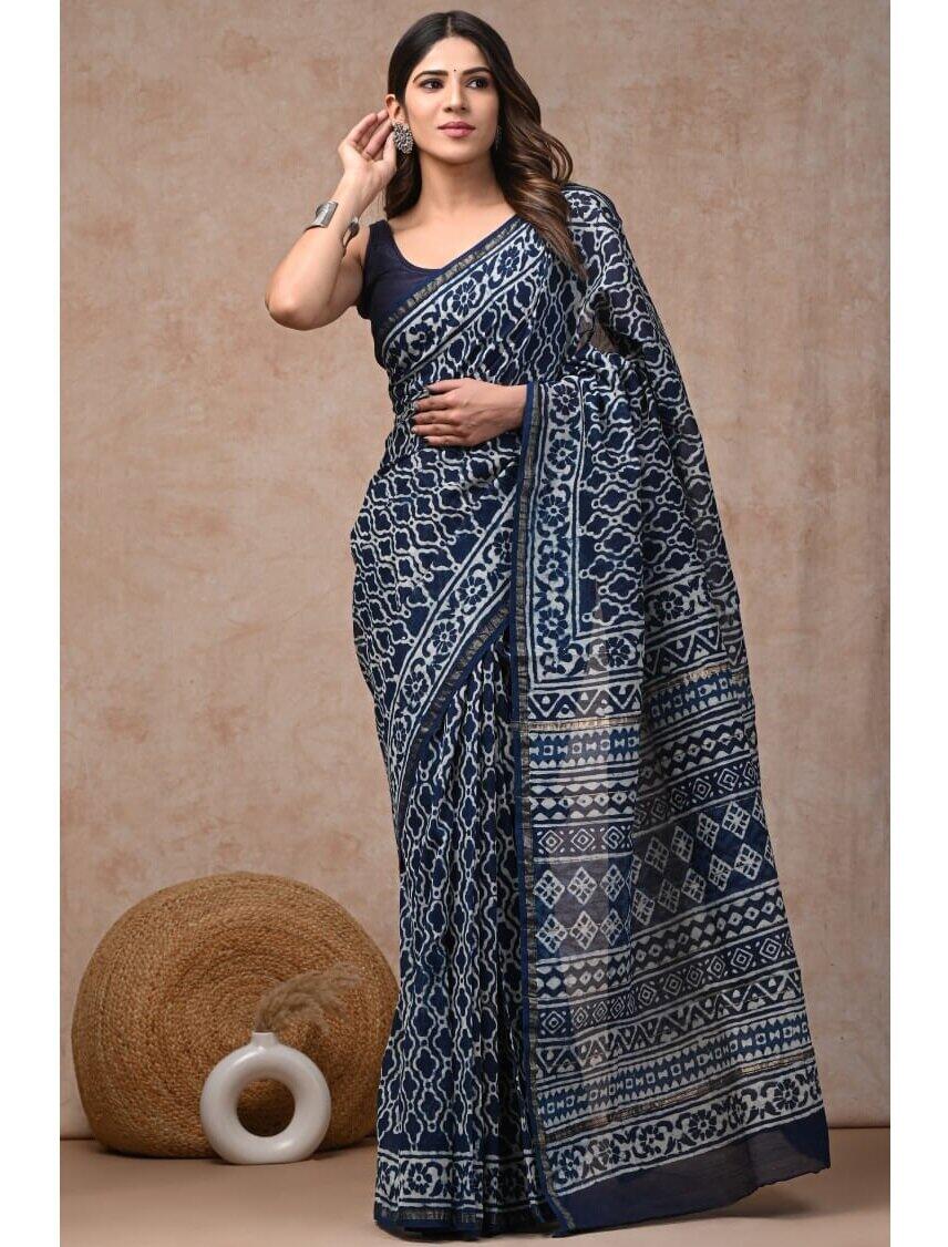 PJJN24A027 Blue White Pure HandBlock Printed Chanderi Silk Saree