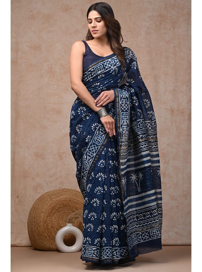 PJJN24A028 Blue White Pure HandBlock Printed Chanderi Silk Saree