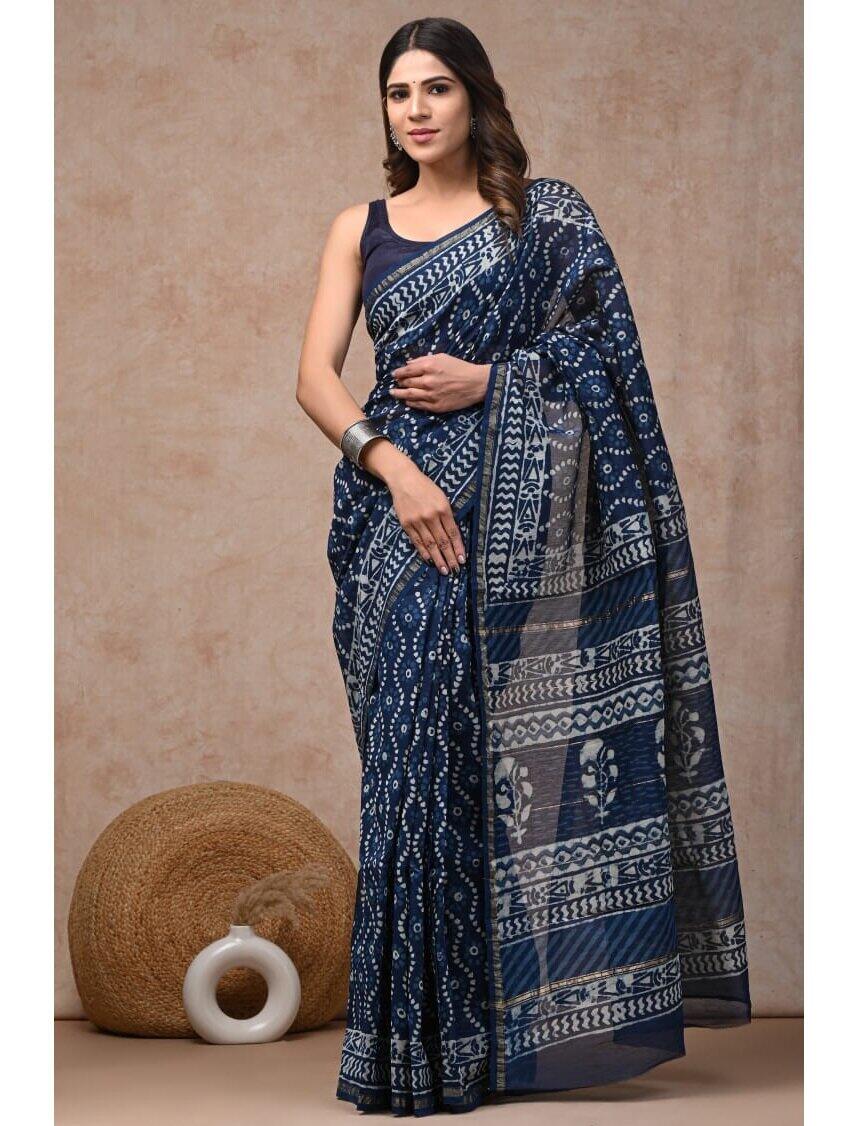 PJJN24A029 Blue White Pure HandBlock Printed Chanderi Silk Saree