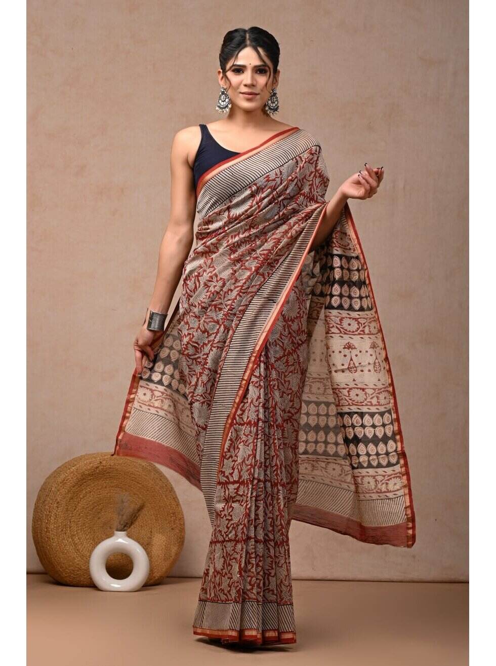 PJJN24A031 Red Black Pure HandBlock Printed Chanderi Silk Saree