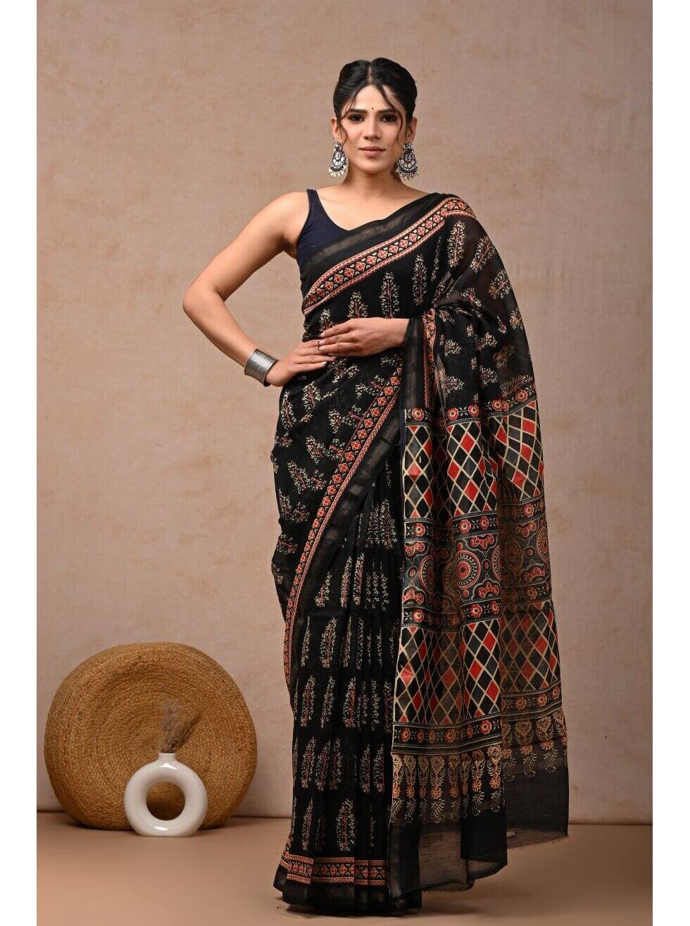 PJJN24A032 Black Red Pure HandBlock Printed Chanderi Silk Saree