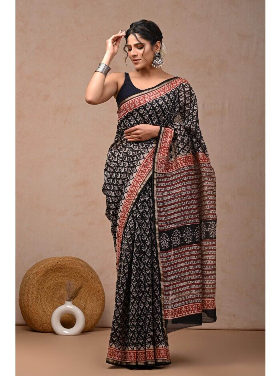 PJJN24A033 Black Red Pure HandBlock Printed Chanderi Silk Saree