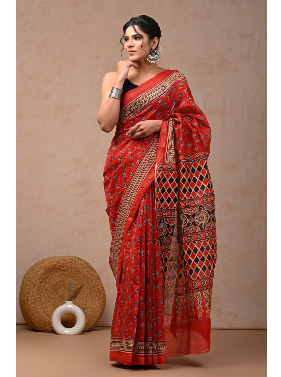 PJJN24A034 Red Black Pure HandBlock Printed Chanderi Silk Saree