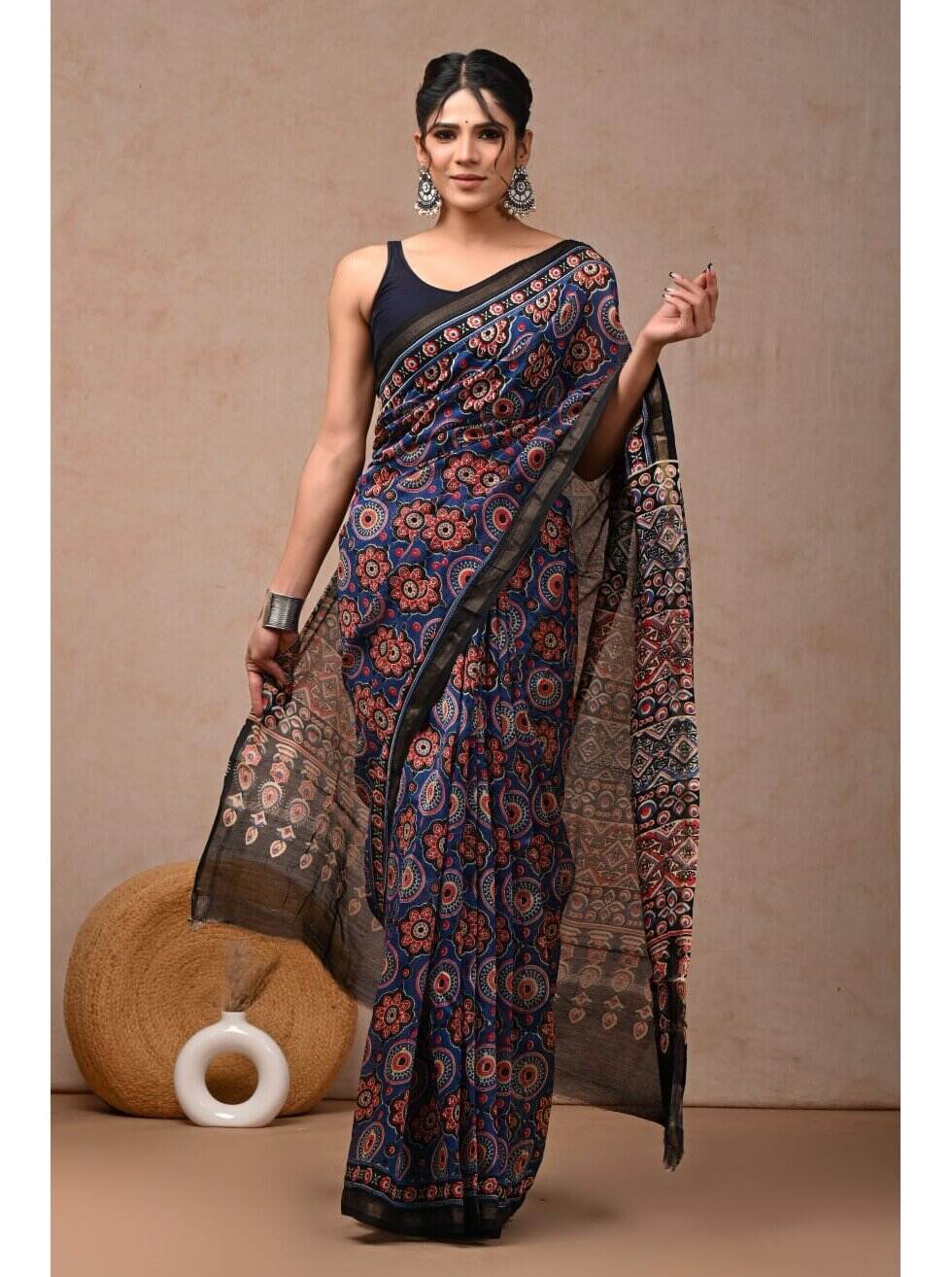 PJJN24A035 Blue Black Pure HandBlock Printed Chanderi Silk Saree