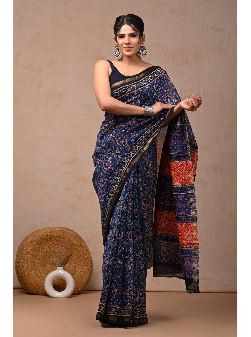 PJJN24A036 Blue Black Pure HandBlock Printed Chanderi Silk Saree