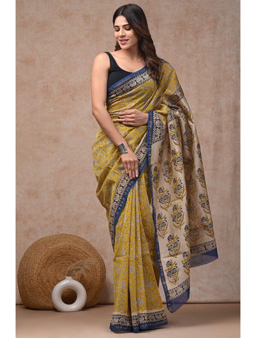 PJJN24A037 Green Blue Pure HandBlock Printed Chanderi Silk Saree
