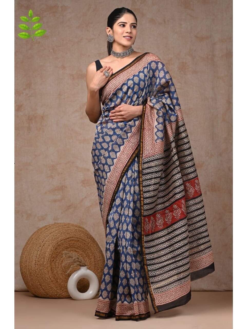 PJJN24A038 Blue Black Pure HandBlock Printed Chanderi Silk Saree