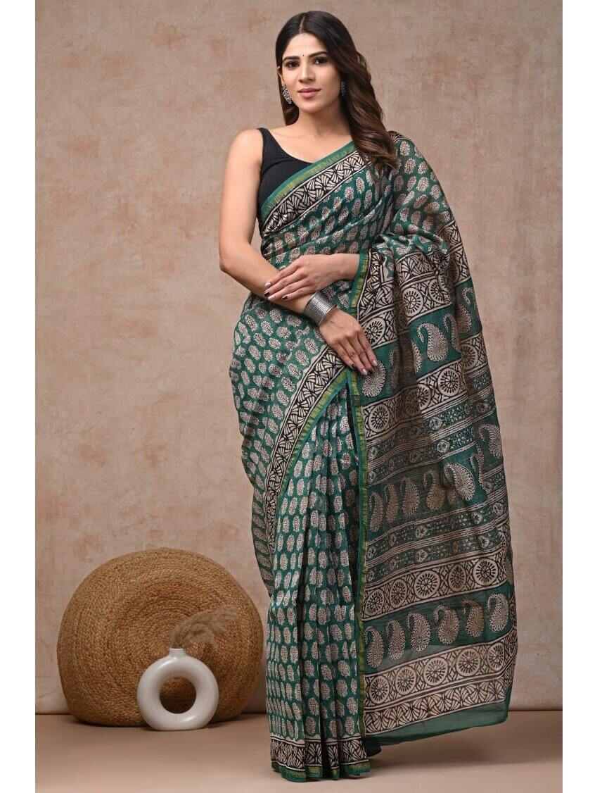 PJJN24A039 Blue Green Pure HandBlock Printed Chanderi Silk Saree