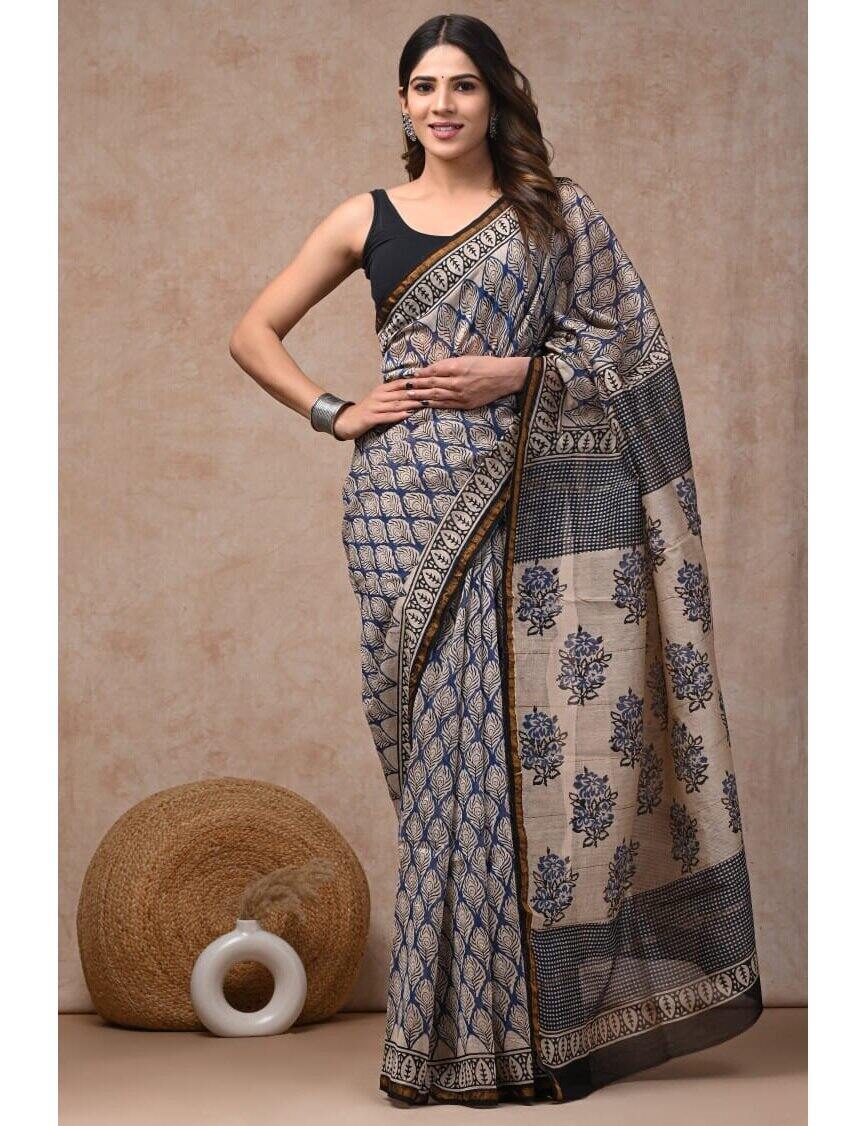 PJJN24A040 White Blue Pure HandBlock Printed Chanderi Silk Saree