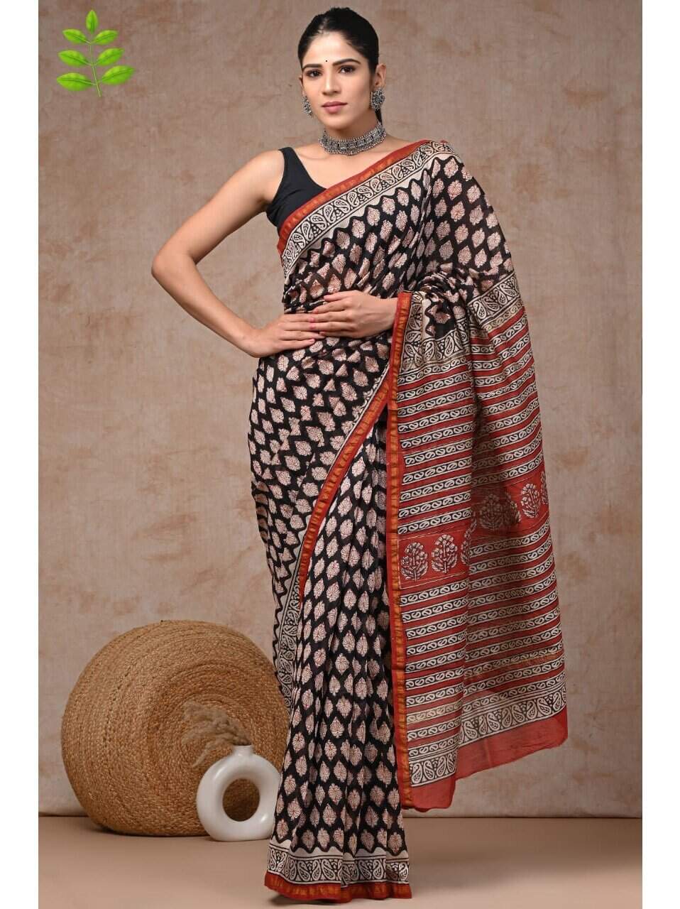 PJJN24A041 Black Red Pure HandBlock Printed Chanderi Silk Saree