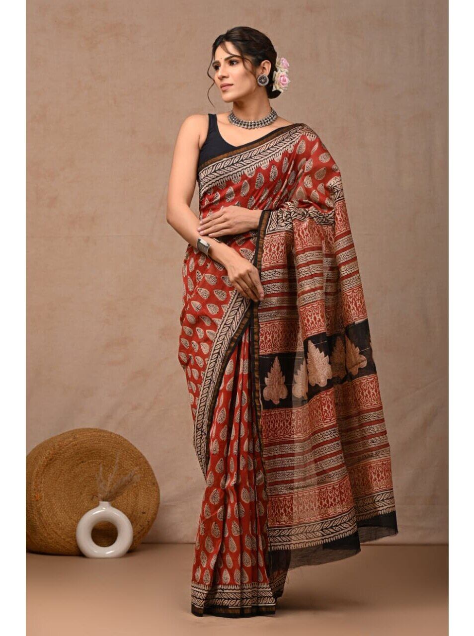 PJJN24A042 Red Black Pure HandBlock Printed Chanderi Silk Saree