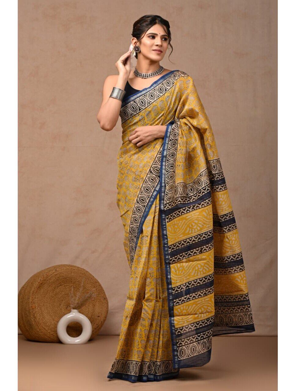 PJJN24A043 Yellow Blue Pure HandBlock Printed Chanderi Silk Saree