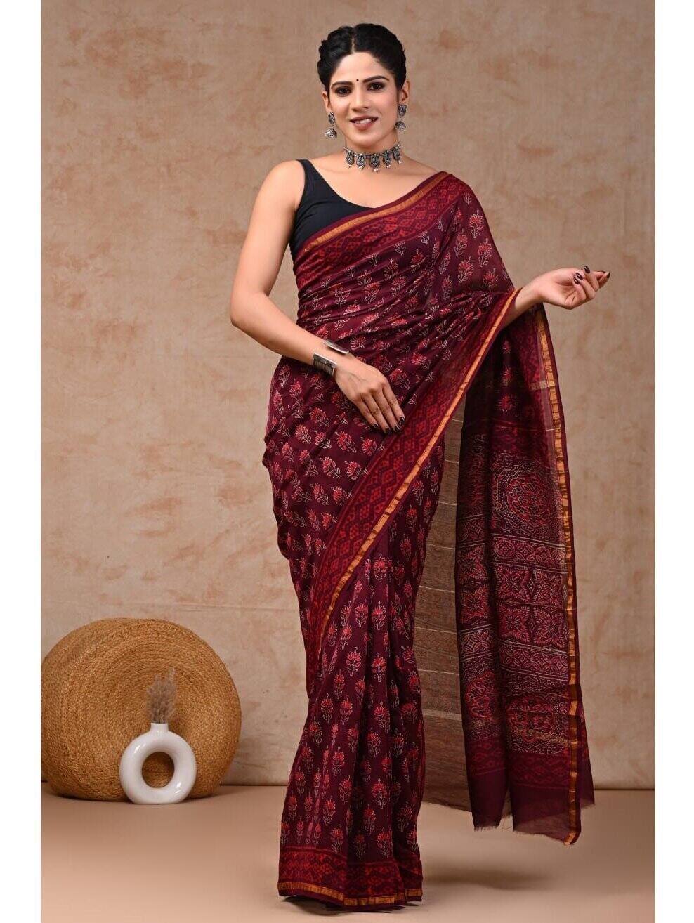 PJJN24A045 Marron Red Pure HandBlock Printed Chanderi Silk Saree