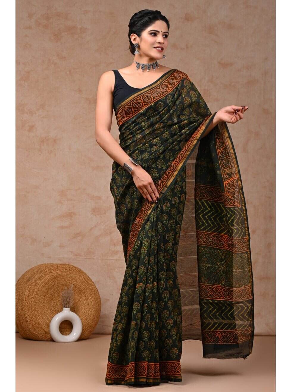 PJJN24A046 Green Black Pure HandBlock Printed Chanderi Silk Saree