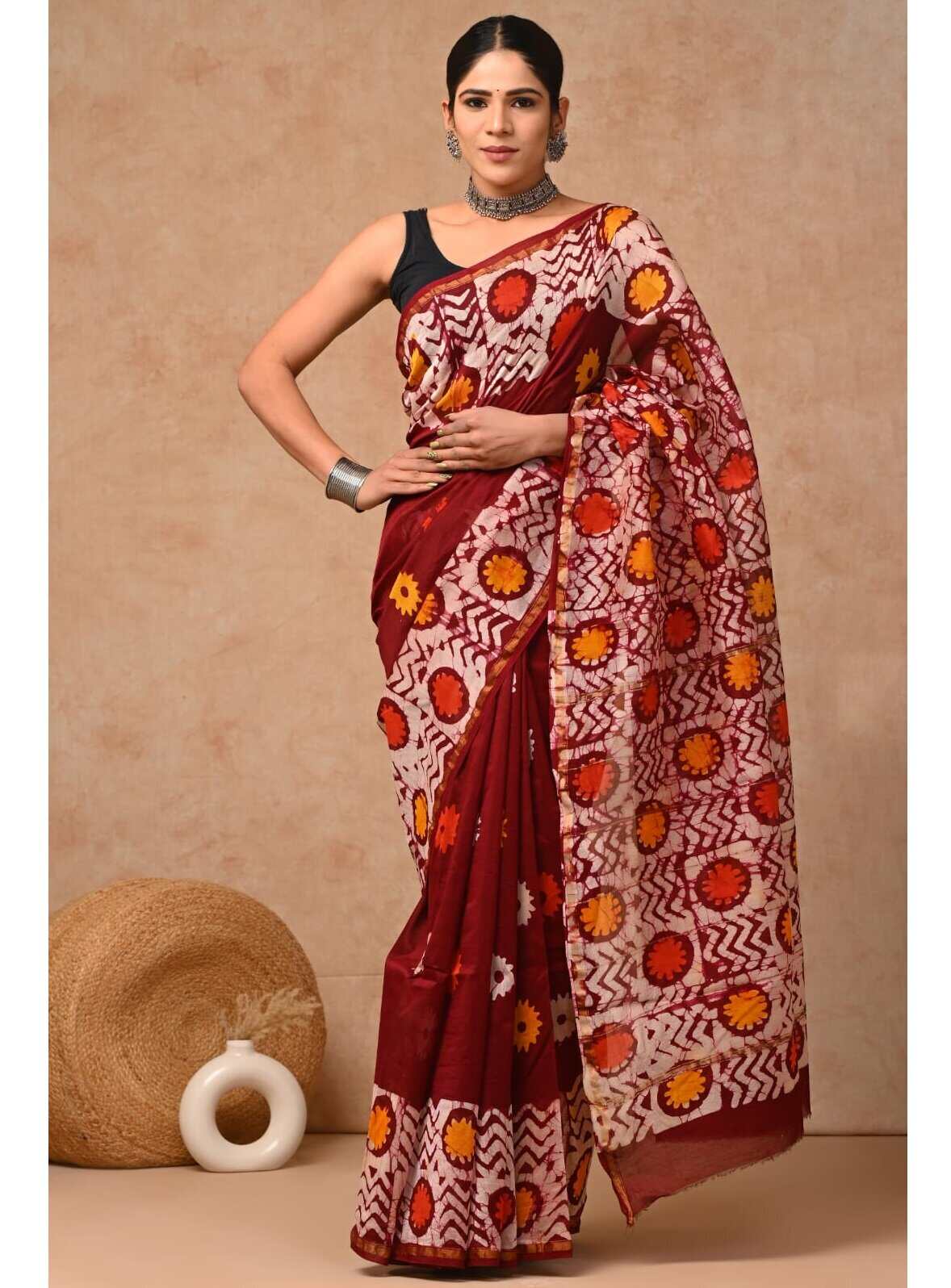 PJJN24A047 Marron Yellow Pure HandBlock Printed Chanderi Silk Saree