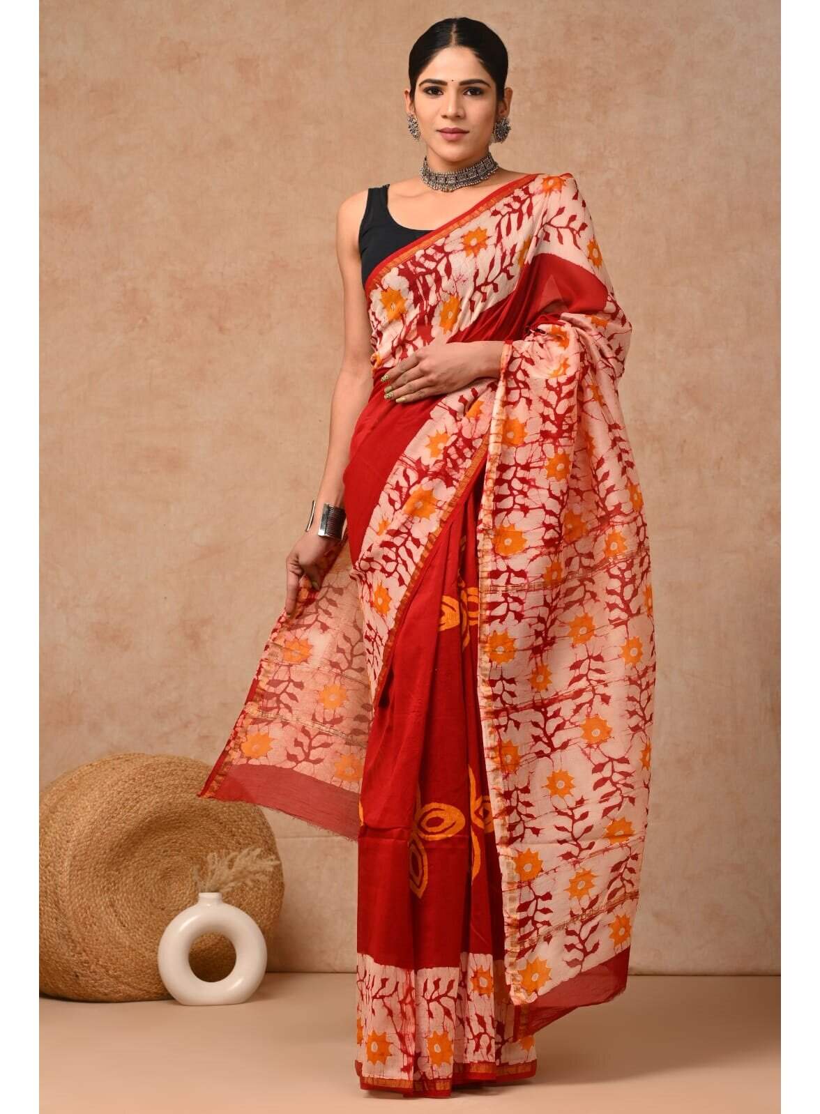 PJJN24A048 Red Yellow Pure HandBlock Printed Chanderi Silk Saree