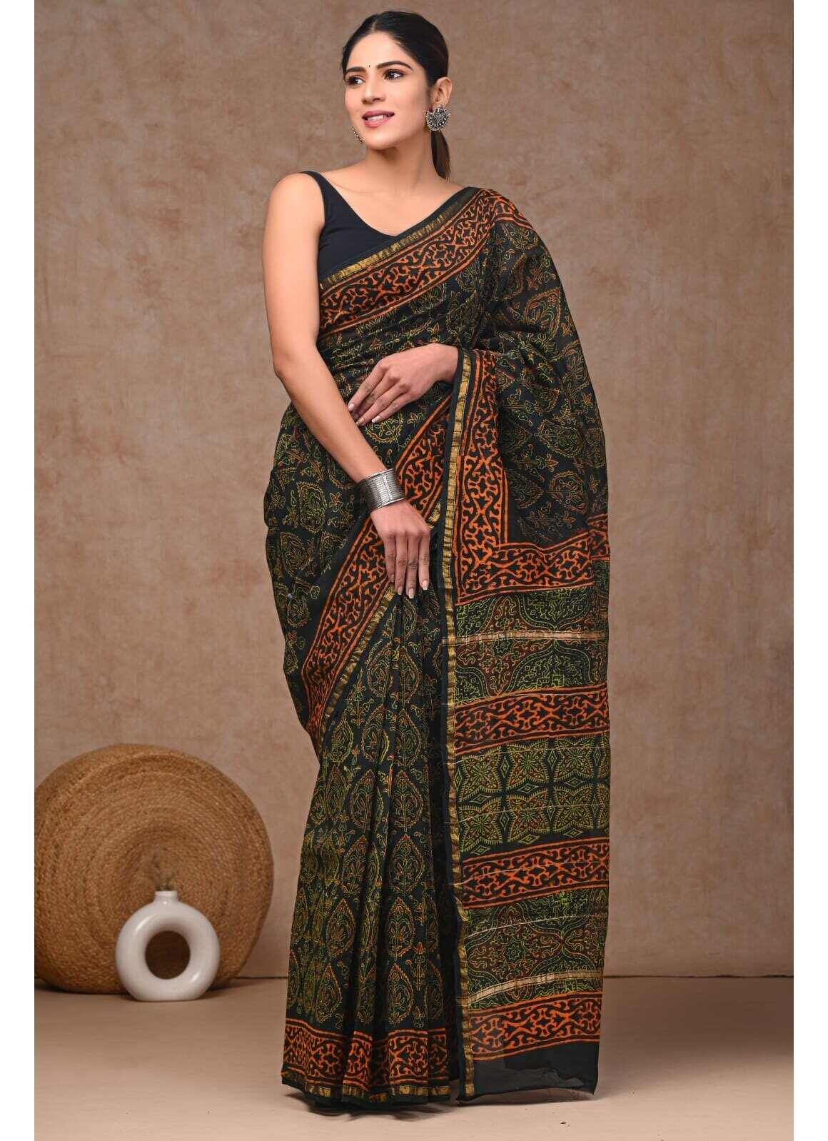 PJJN24A049 Green Black Pure HandBlock Printed Chanderi Silk Saree