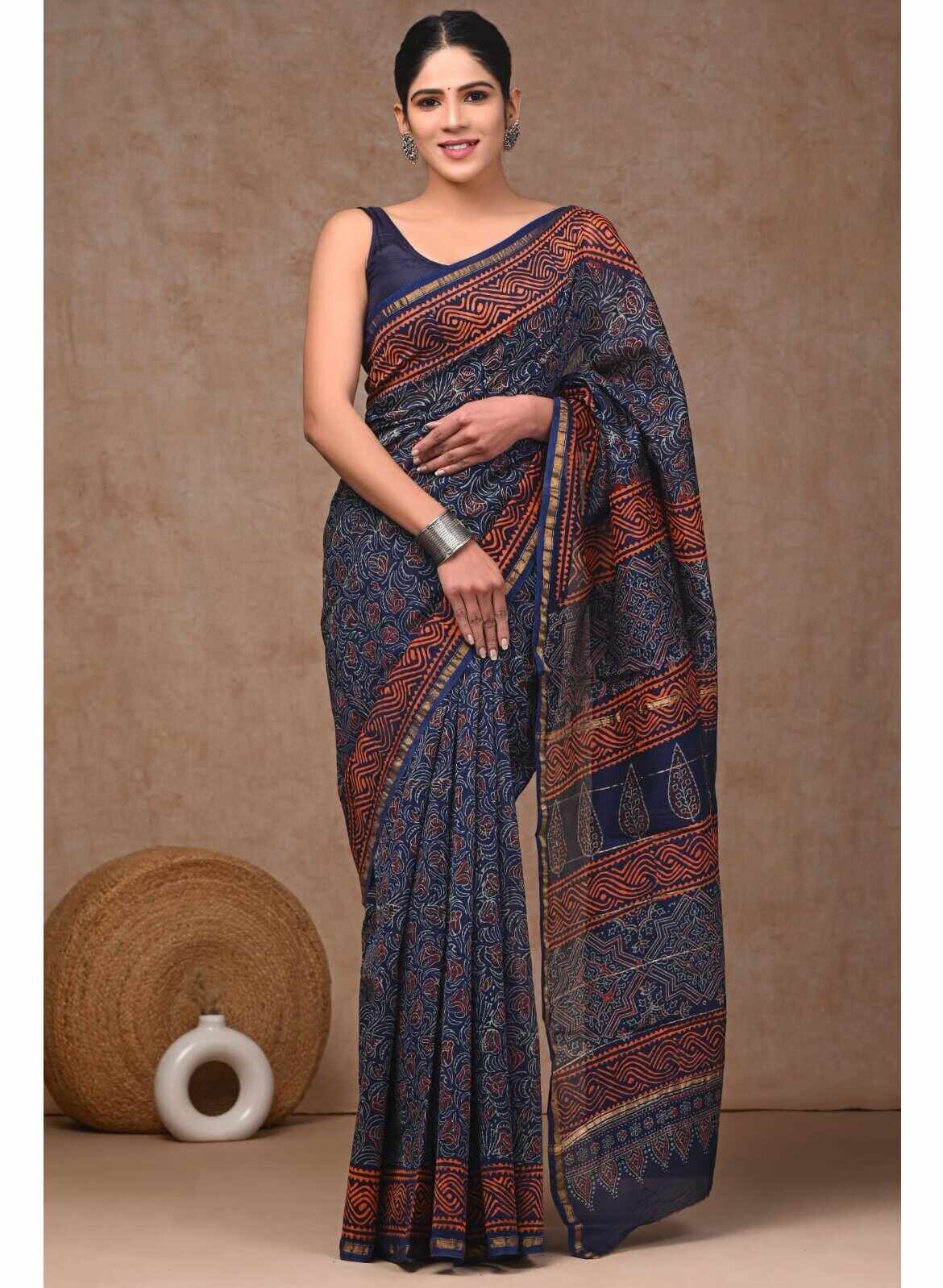 PJJN24A052 Blue Red Pure HandBlock Printed Chanderi Silk Saree