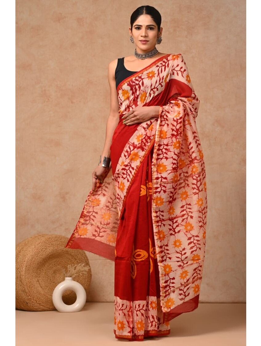 PJJN24A054 Marron White Pure HandBlock Printed Chanderi Silk Saree
