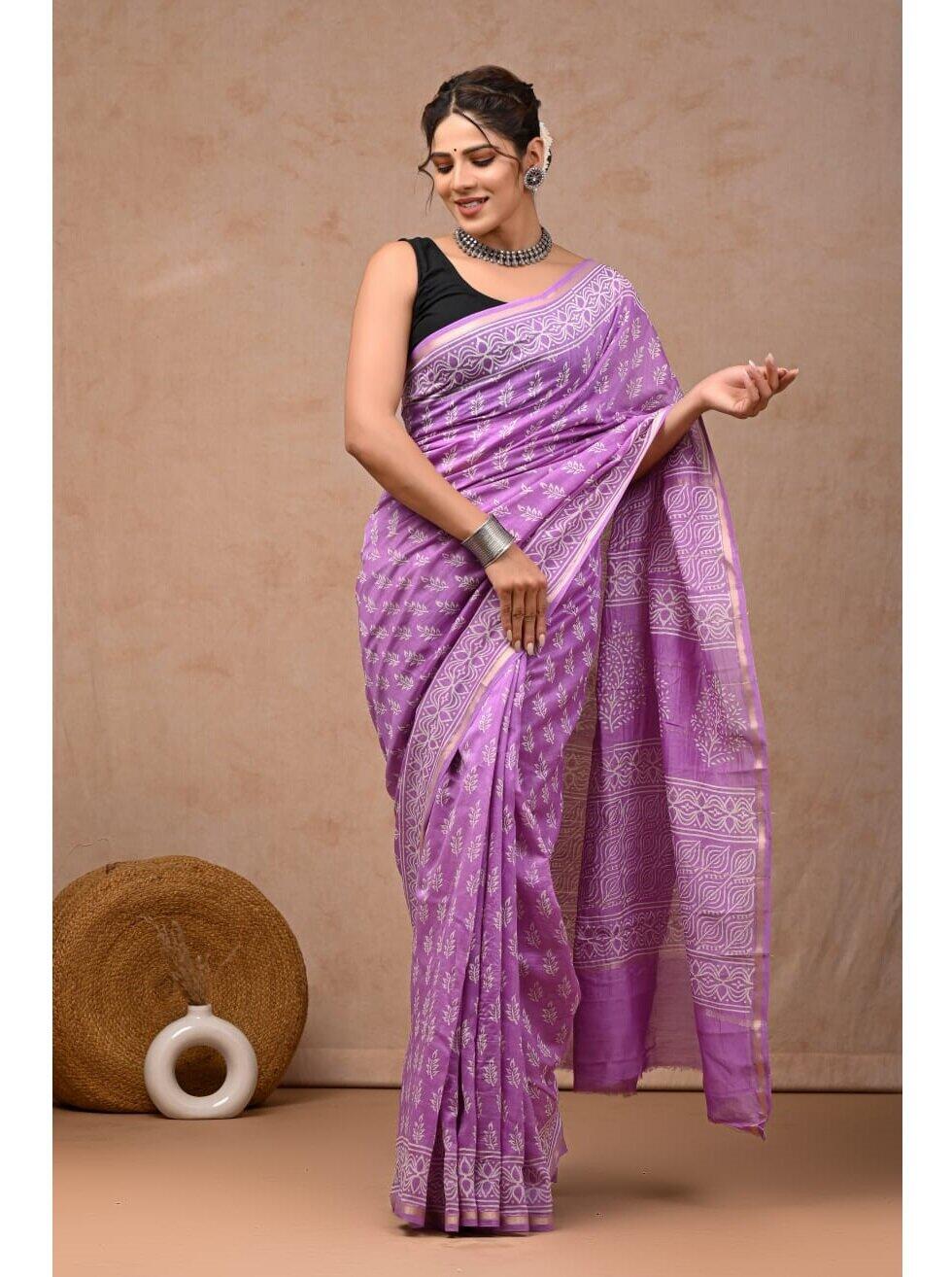 PJJN24A055 Lavender White Pure HandBlock Printed Chanderi Silk Saree