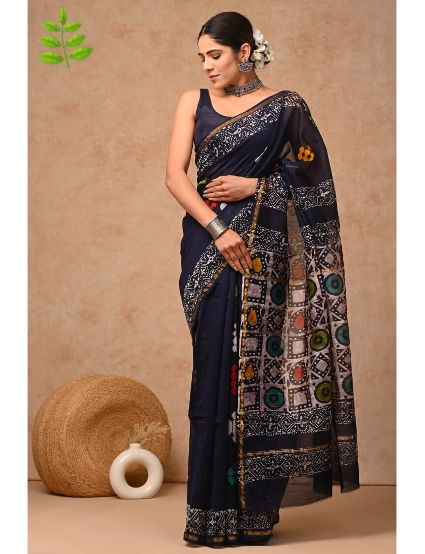 PJJN24A056 Blue Black Pure HandBlock Printed Chanderi Silk Saree