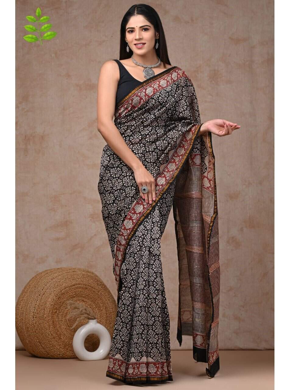 PJJN24A057 Black Red Pure HandBlock Printed Chanderi Silk Saree