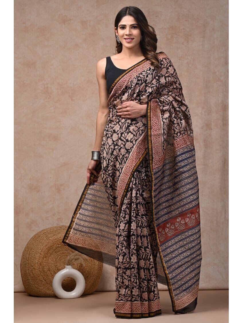 PJJN24A058 Black Red Pure HandBlock Printed Chanderi Silk Saree