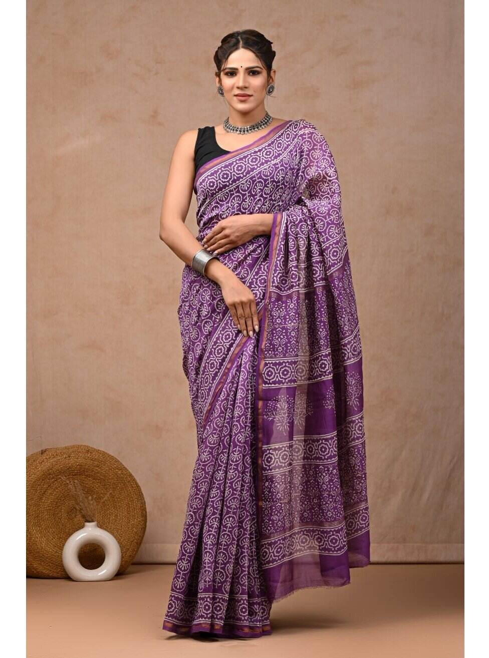 PJJN24A059 Lavender White Pure HandBlock Printed Chanderi Silk Saree