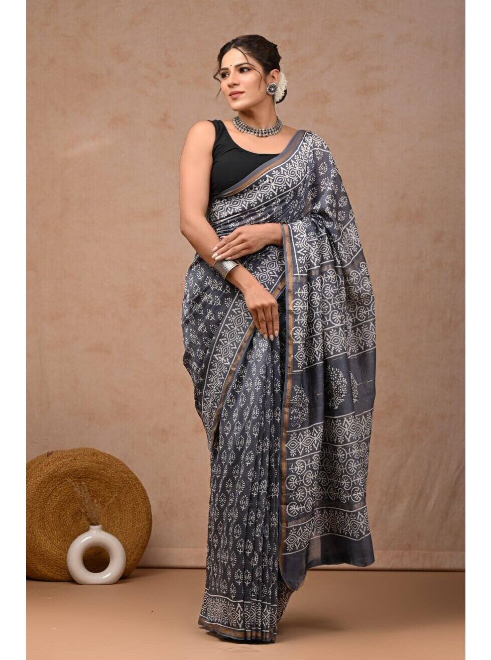 PJJN24A060 Grey White Pure HandBlock Printed Chanderi Silk Saree