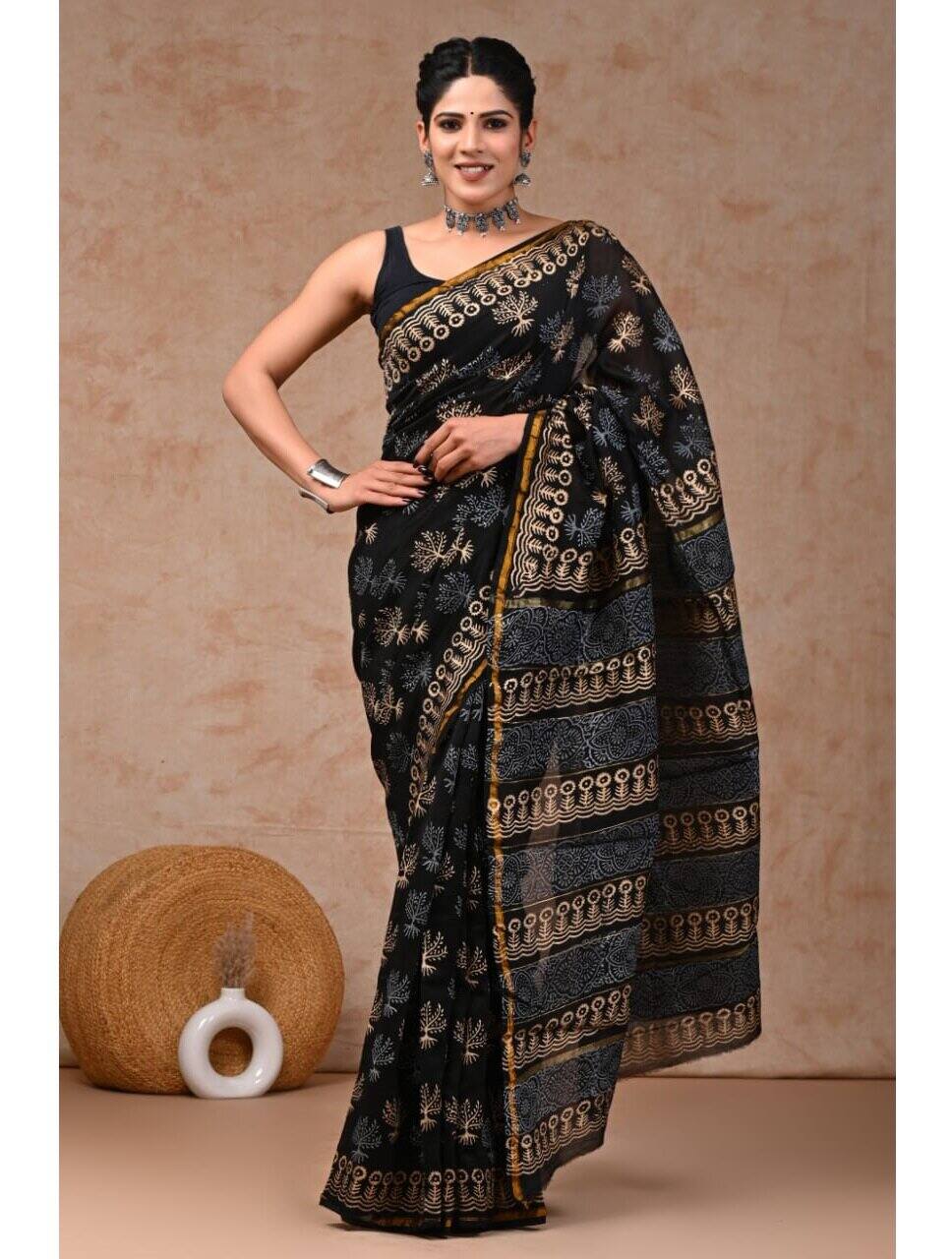 PJJN24A061 Black White Pure HandBlock Printed Chanderi Silk Saree