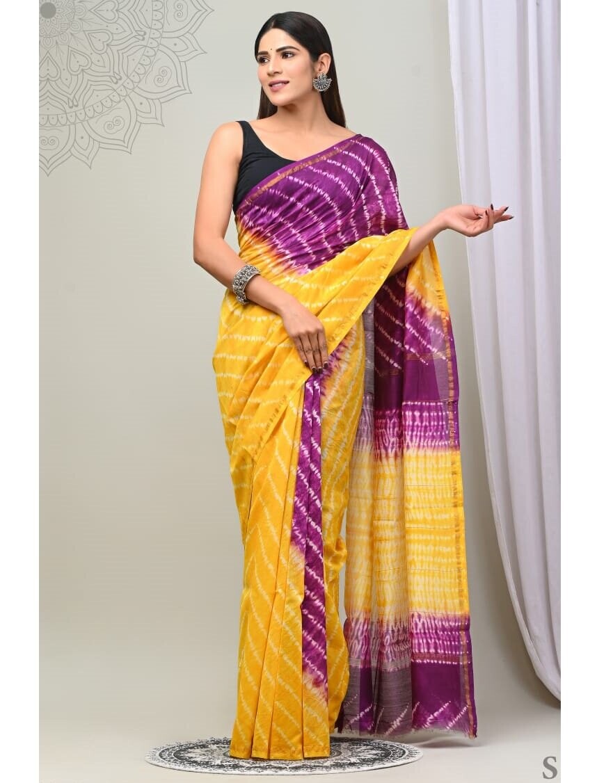 PJJN24A064 Yellow Purple Pure HandBlock Printed Chanderi Silk Saree