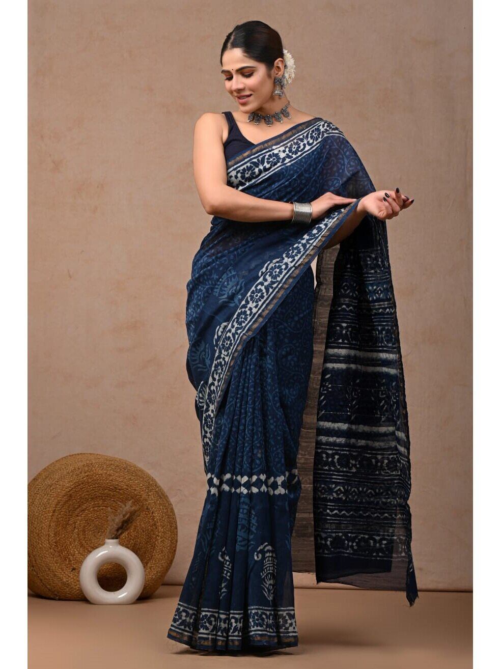 PJJN24A066 Blue White Pure HandBlock Printed Chanderi Silk Saree