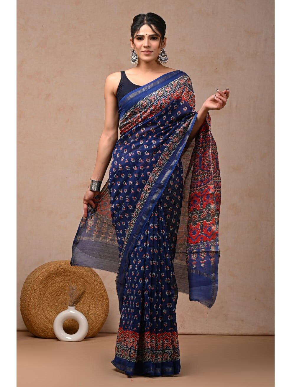 PJJN24A067 Blue Peach Pure HandBlock Printed Chanderi Silk Saree