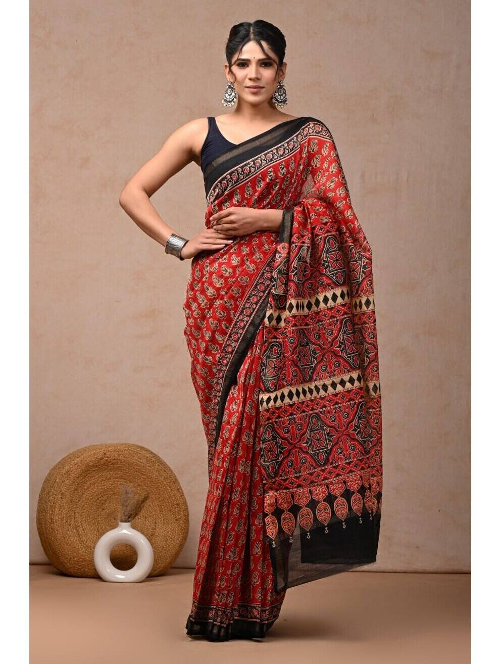 PJJN24A068 Red Black Pure HandBlock Printed Chanderi Silk Saree