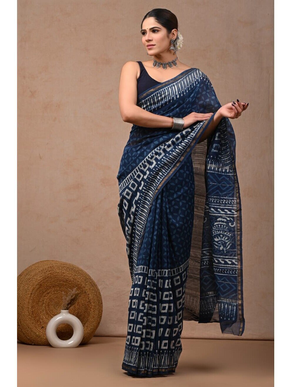 PJJN24A069 Blue White Pure HandBlock Printed Chanderi Silk Saree