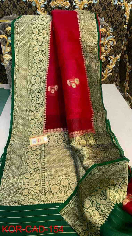 PJMR23A033 Red Green Pure Banarasi Organza Soft Silk Sarees