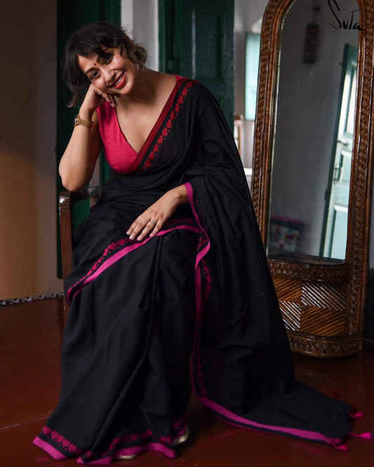 PJMR23A035 Black Pink Pure Handloom Bengal Cotton Saree