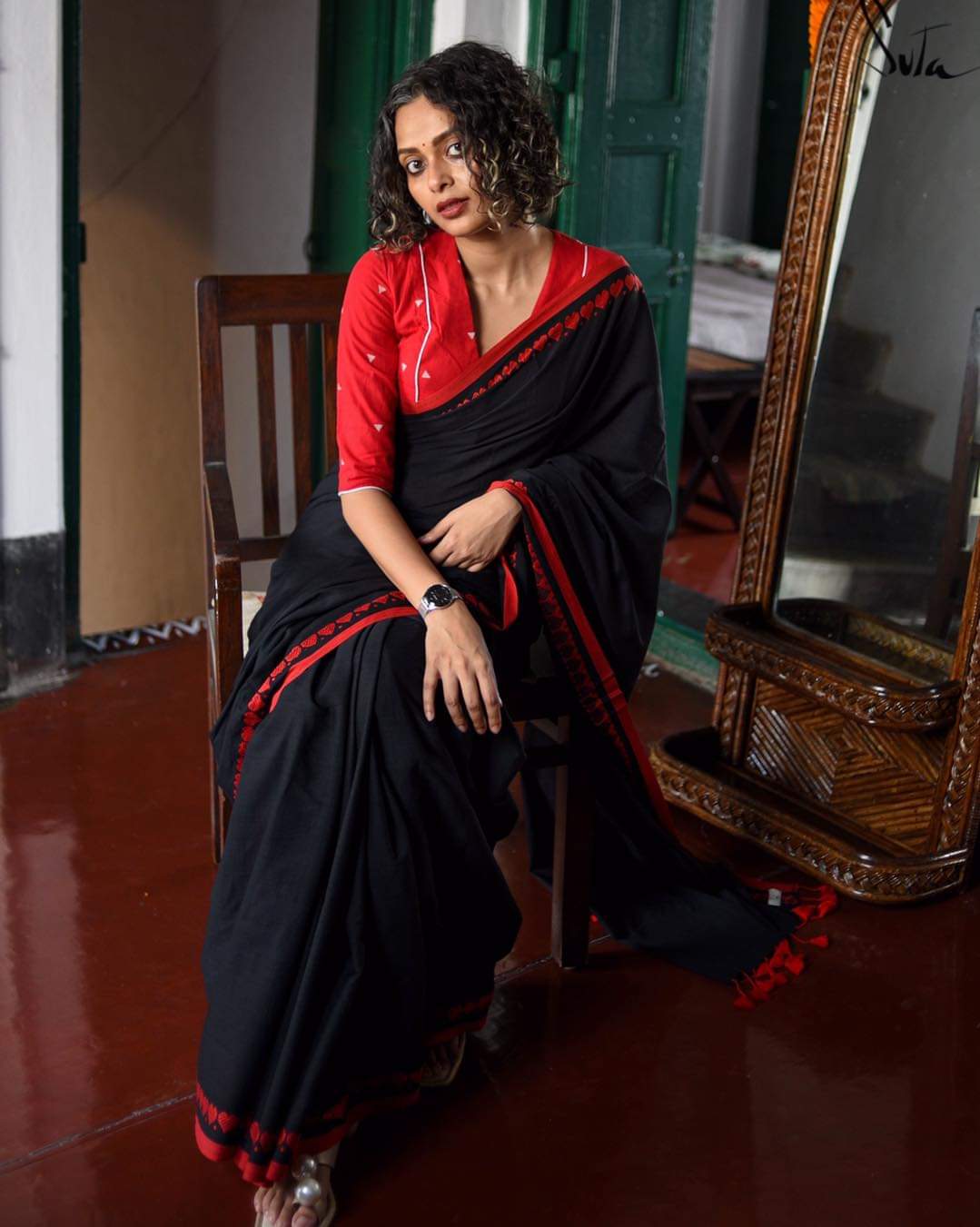 PJMR23A036 Black Red Pure Handloom Bengal Cotton Saree