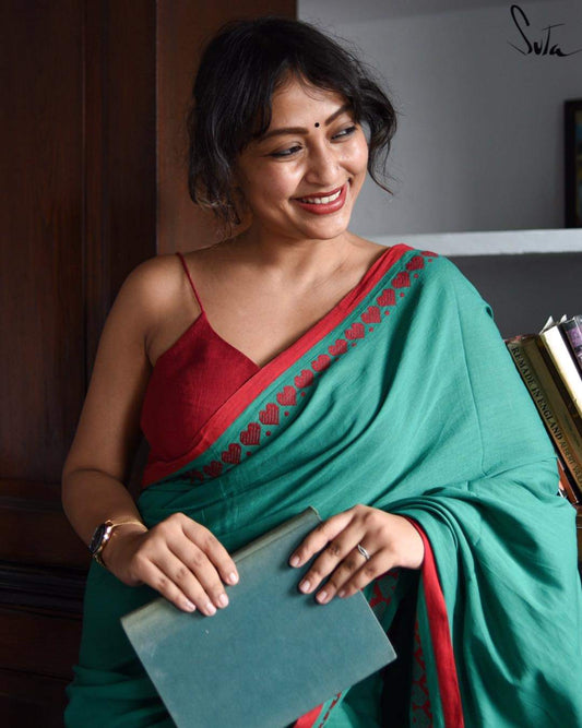 PJMR23A037 Green Red Pure Handloom Bengal Cotton Saree