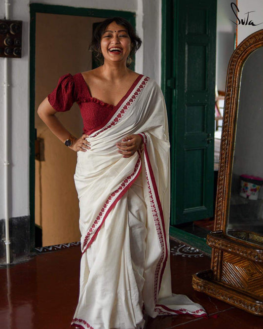 PJMR23A038 White Red Pure Handloom Bengal Cotton Saree