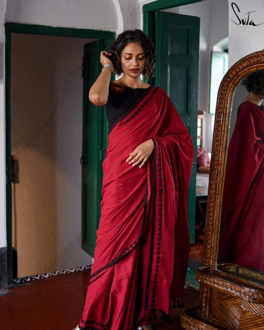 PJMR23A040 Red Black Pure Handloom Bengal Cotton Saree