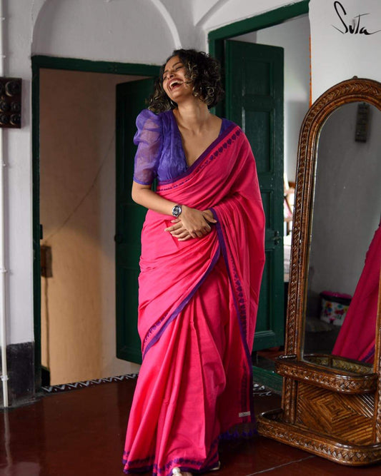 PJMR23A041 Pink Blue Pure Handloom Bengal Cotton Saree