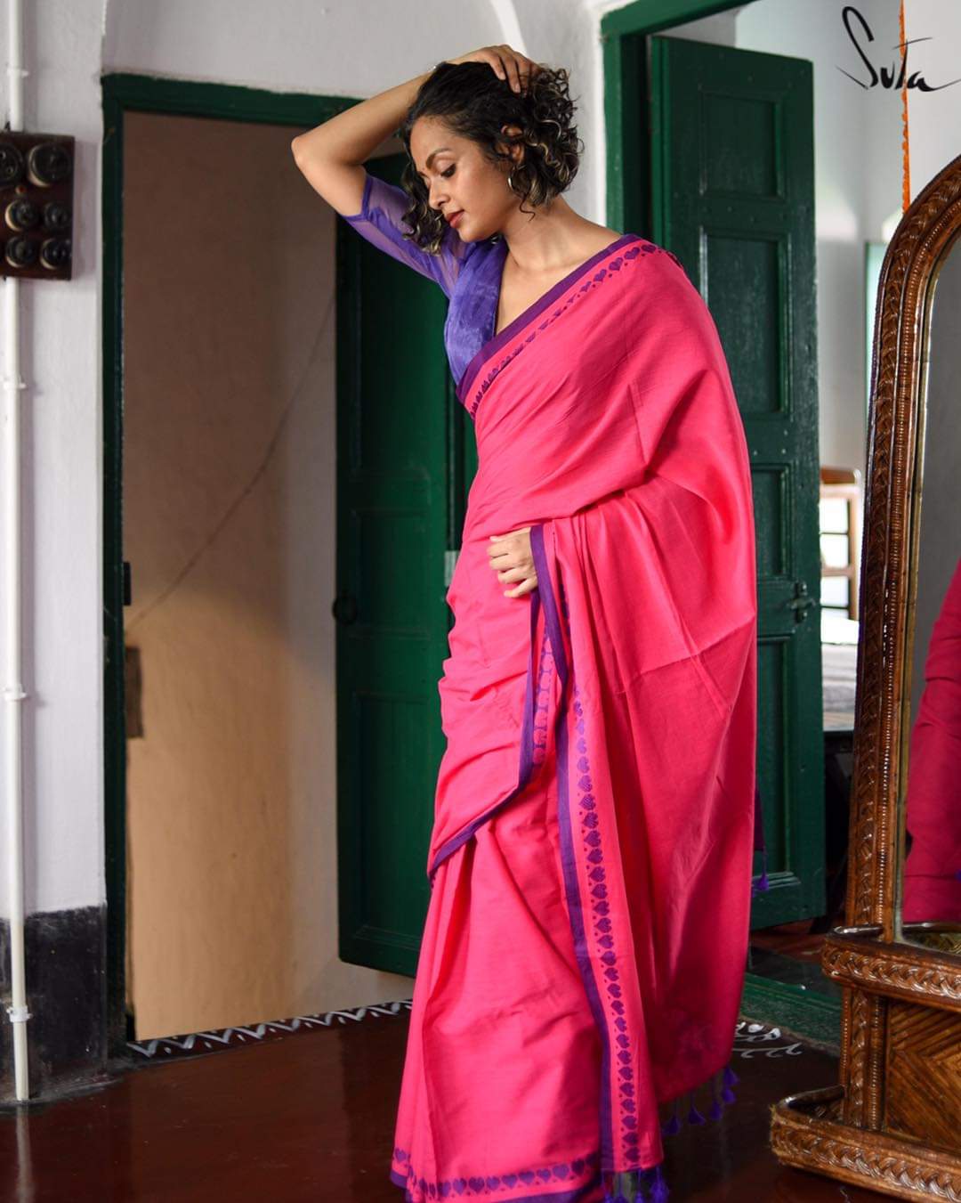 PJMR23A041 Pink Blue Pure Handloom Bengal Cotton Saree