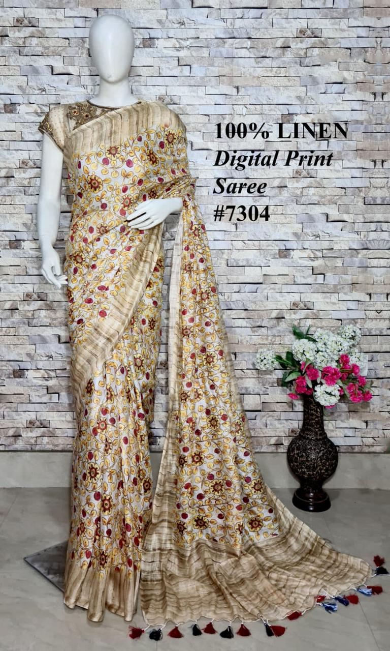 PJMR23A045 Beige Cream Pure Handloom Linen Printed Saree