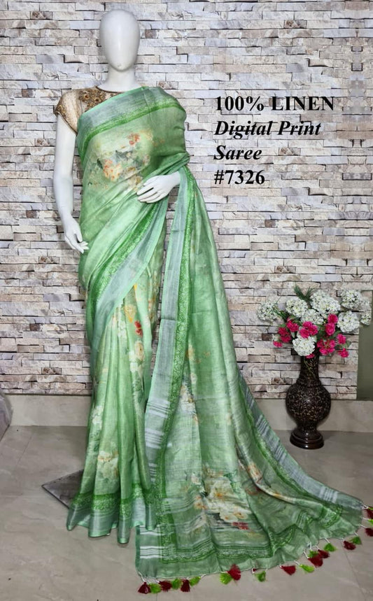 PJMR23A046 Green Silver Pure Handloom Linen Printed Saree