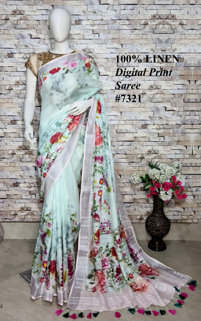 PJMR23A047 Green Silver Pure Handloom Linen Printed Saree