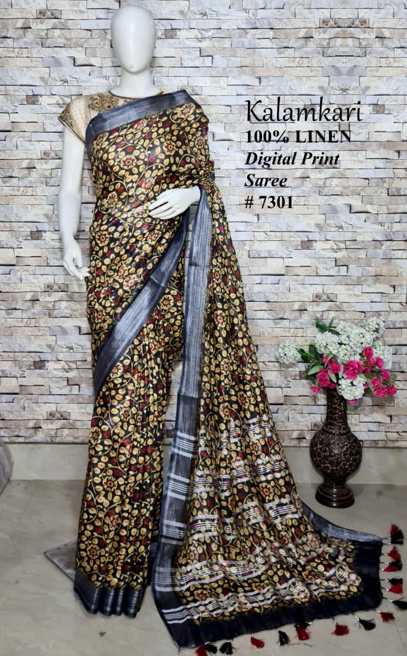 PJMR23A049 Black Silver Pure Handloom Linen Printed Saree