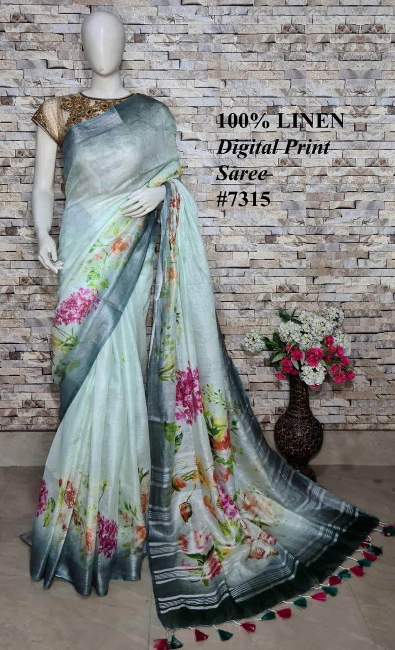PJMR23A050 Green Silver Pure Handloom Linen Printed Saree