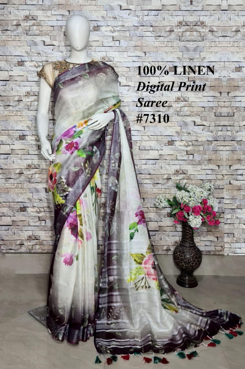 PJMR23A052 Cream Silver Pure Handloom Linen Printed Saree